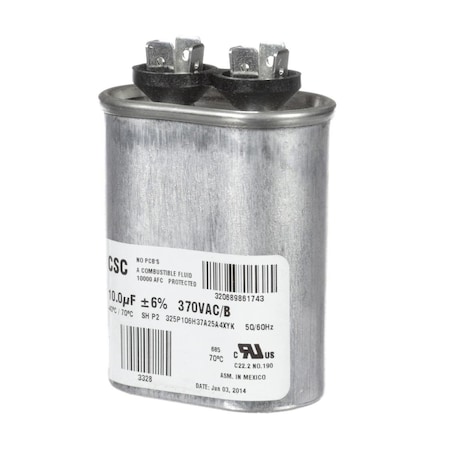York Single Run Capacitor, 10Mfd, 370V, Flat S1-02420046700